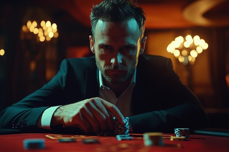 Layar ponsel menampilkan meja live dealer blackjack dengan tombol taruhan dan chat pemain di bawah ini